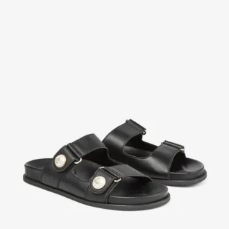 Fayence Sandal Black Leather Flat Sandals with Pearl Embellishment