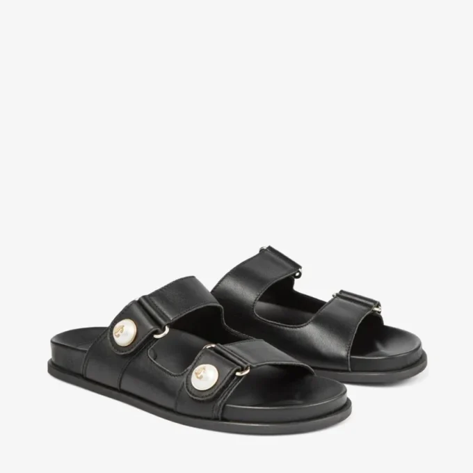 Fayence Sandal Black Leather Flat Sandals with Pearl Embellishment