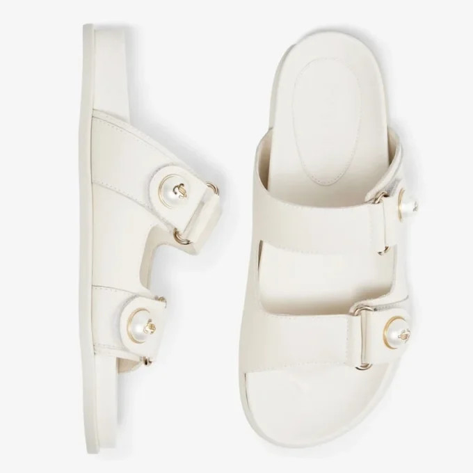 Fayence Sandal Latte Leather Flat Sandals with Pearl Embellishment