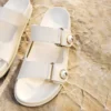 Fayence Sandal Latte Leather Flat Sandals with Pearl Embellishment