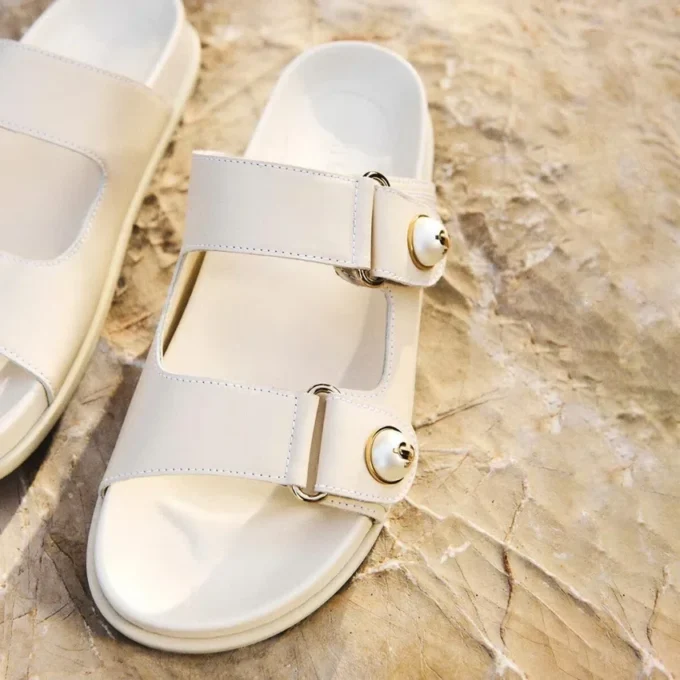 Fayence Sandal Latte Leather Flat Sandals with Pearl Embellishment