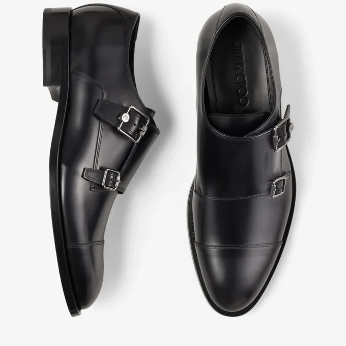 Finnion Monkstrap Black Brush off Leather Monk Strap Shoes