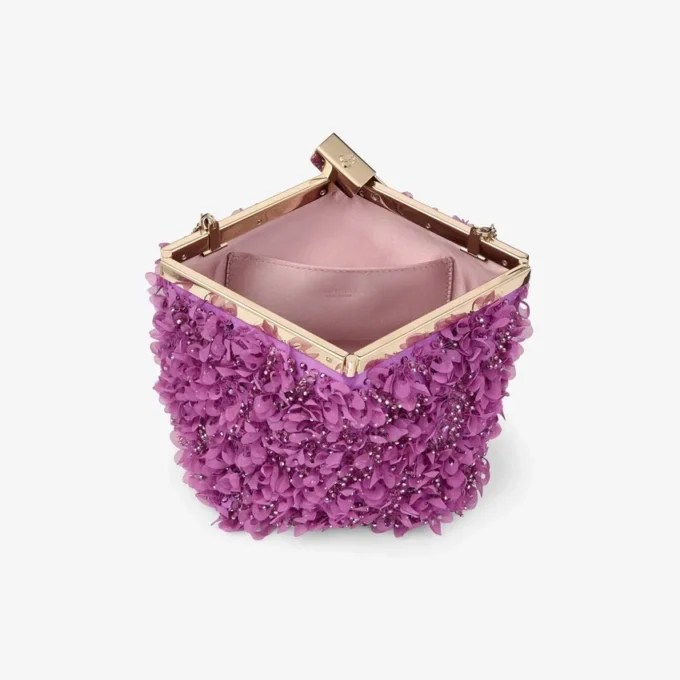 Ganache Violet Orchid Satin Clutch Bag with Petal Embroidery