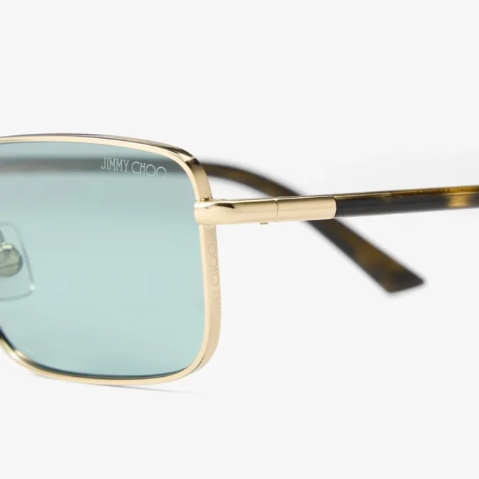 Gavin Pale Gold and Green Metal Rectangular Sunglasses