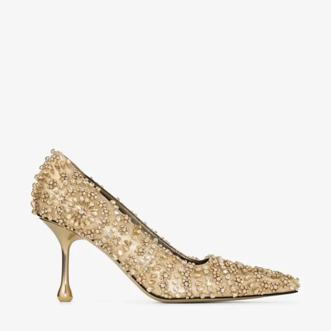 Ixia 80 Gold Mix Metallic Nappa Leather Pumps with Crystal Embroidery