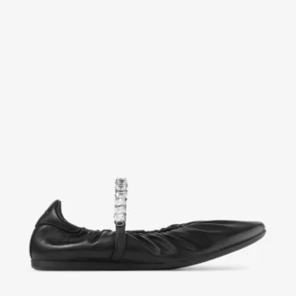 Jade Ballerina Black Soft Nappa Leather Ballerina Flats with Crystal Strap
