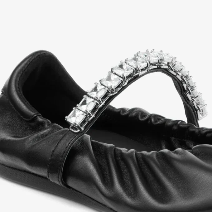 Jade Ballerina Black Soft Nappa Leather Ballerina Flats with Crystal Strap
