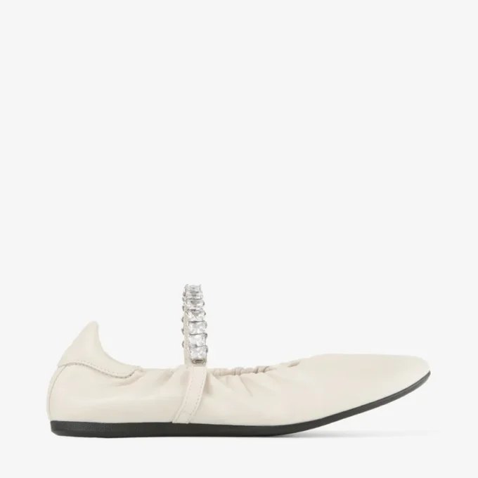 Jade Ballerina Latte Soft Nappa Leather Ballerina Flats with Crystal Strap