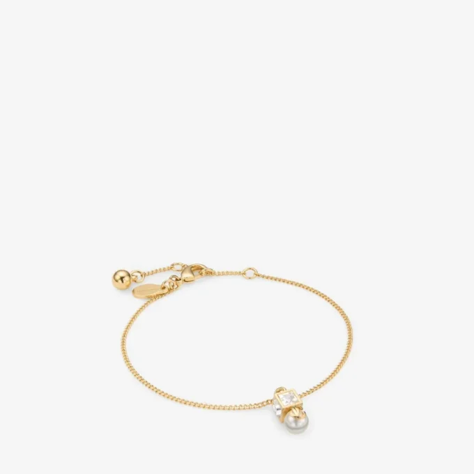 Jc Pearl Cube Bracelet Gold Metal Bracelet with Pearl and Crystal Cube