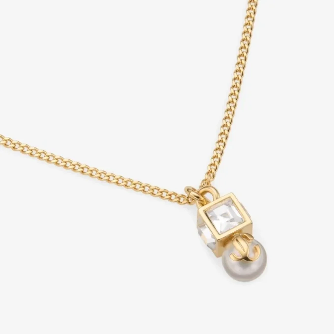 Jc Pearl Cube Pendant Gold Metal Pendant with Pearl and Crystal Cube
