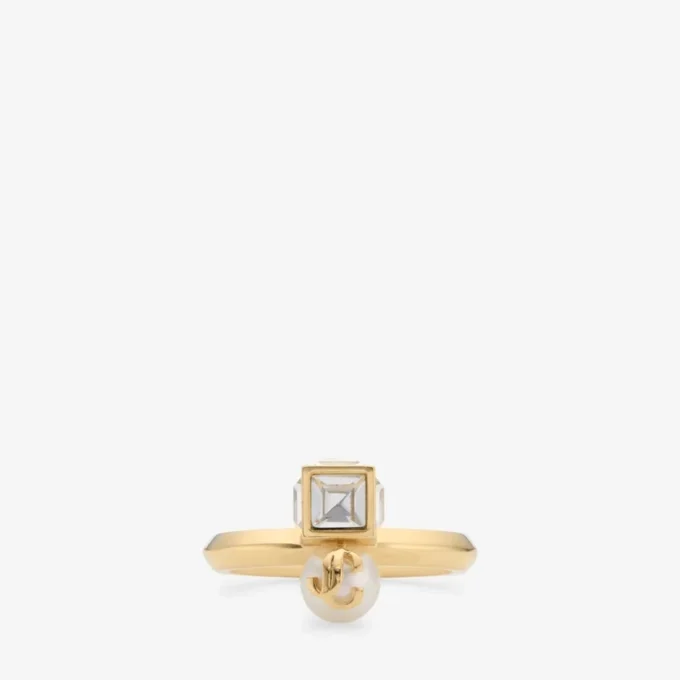 Jc Pearl Cube Ring Gold Metal Ring with Pearl and Crystal Cube