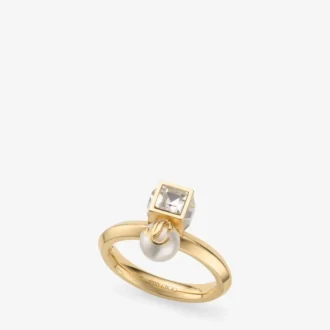 Jc Pearl Cube Ring Gold Metal Ring with Pearl and Crystal Cube