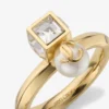 Jc Pearl Cube Ring Gold Metal Ring with Pearl and Crystal Cube