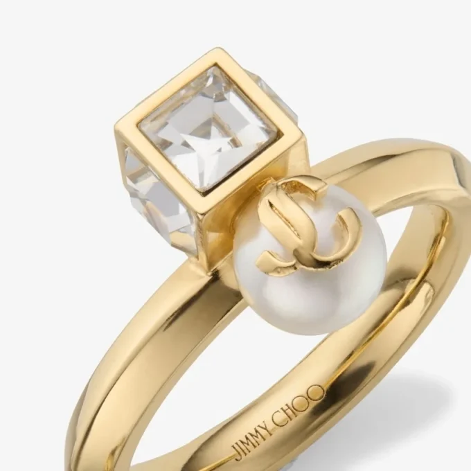 Jc Pearl Cube Ring Gold Metal Ring with Pearl and Crystal Cube