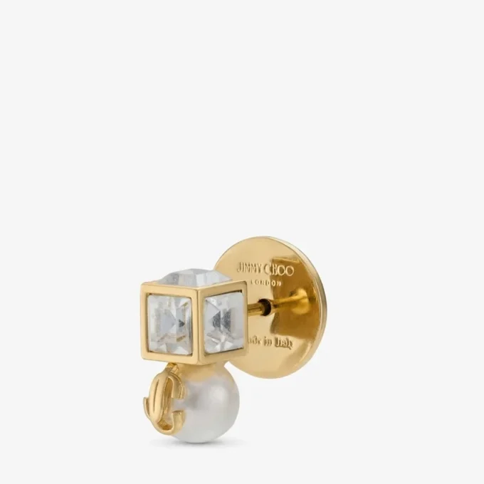 Jc Pearl Cube Studs Gold Metal Earrings with Pearl and Crystal Cube
