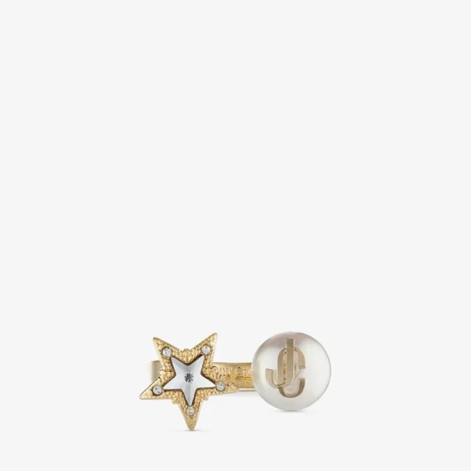 Jc Star Pearl Ring Gold-Finish Metal Ring with Crystal Star and Pearl