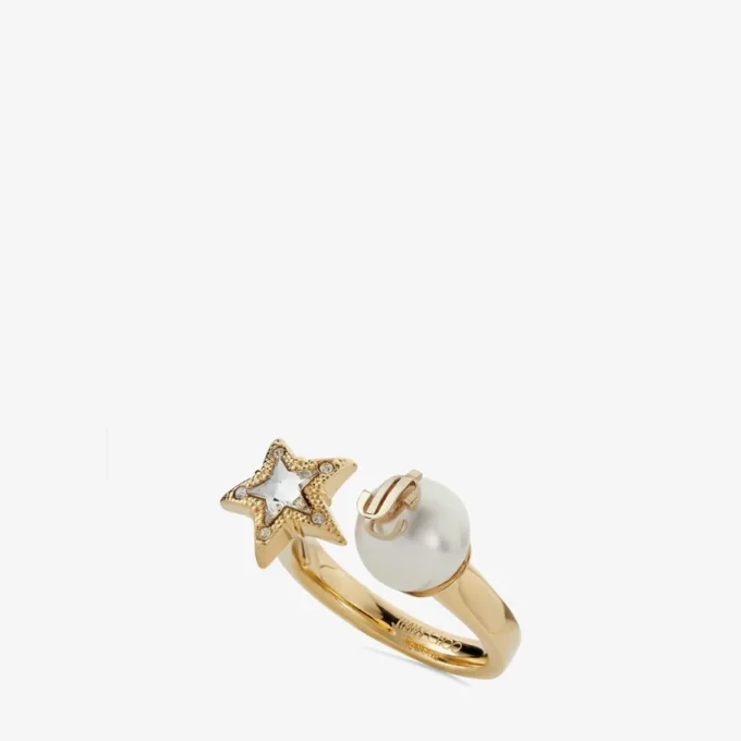 Jc Star Pearl Ring Gold-Finish Metal Ring with Crystal Star and Pearl
