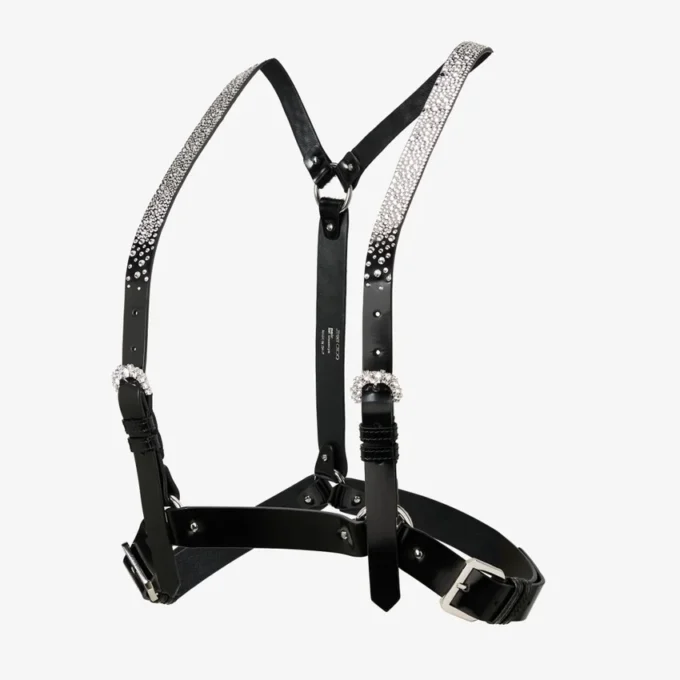 Jimmy Choo Noir Kei Ninomiya Crystals Harness Black Shiny Leather Harness with Crystal Hotfix Embellishment