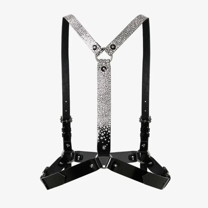 Jimmy Choo Noir Kei Ninomiya Crystals Harness Black Shiny Leather Harness with Crystal Hotfix Embellishment