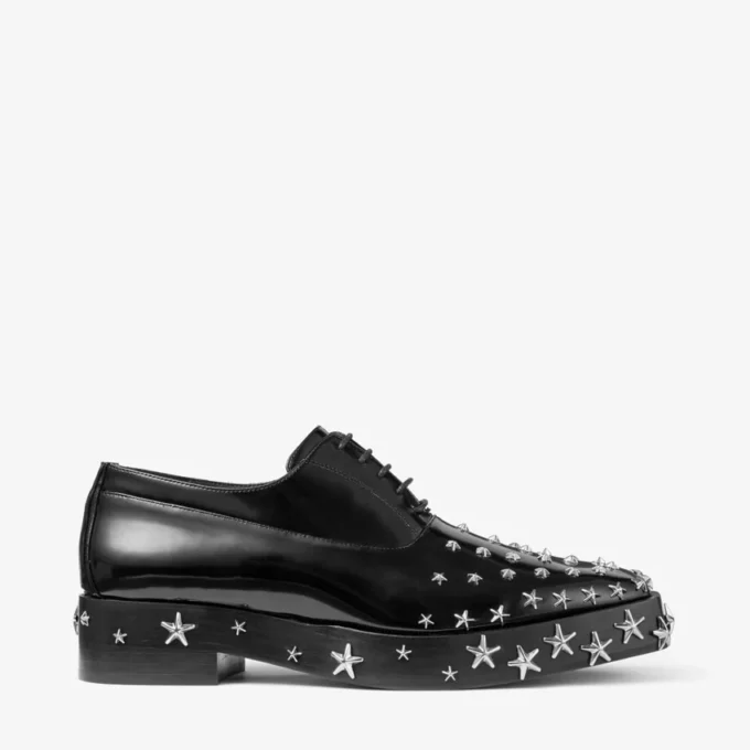 Jimmy Choo Noir Kei Ninomiya Star Shoe Black Polished Calf Leather Lace-Up Shoes with Star Embellishment