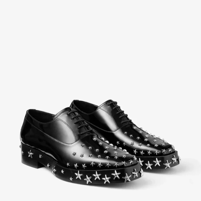 Jimmy Choo Noir Kei Ninomiya Star Shoe Black Polished Calf Leather Lace-Up Shoes with Star Embellishment