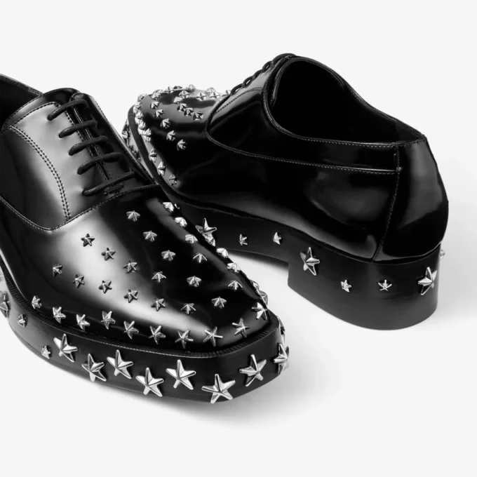 Jimmy Choo Noir Kei Ninomiya Star Shoe Black Polished Calf Leather Lace-Up Shoes with Star Embellishment