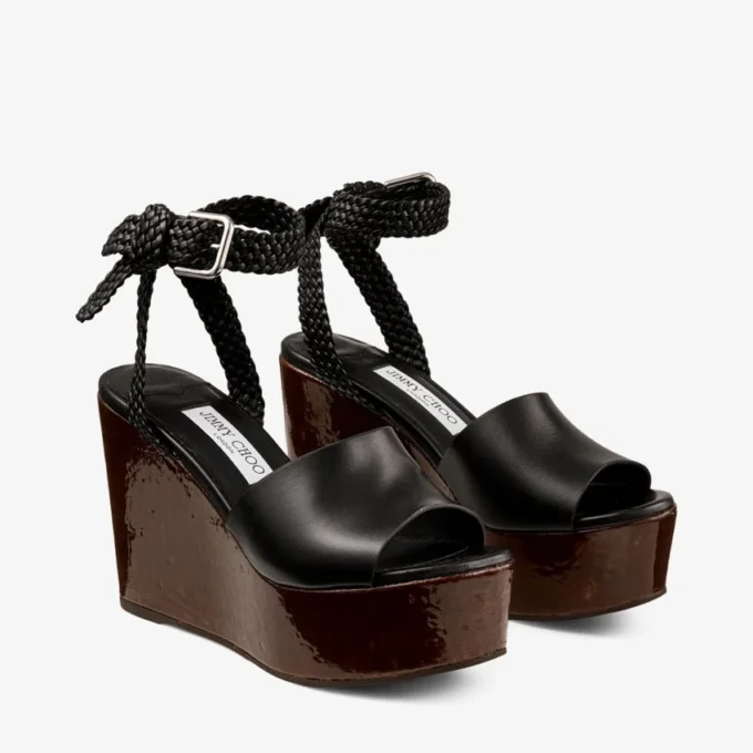 Jori 100 Black Shiny Calf Leather and Shiny Cork Wedges