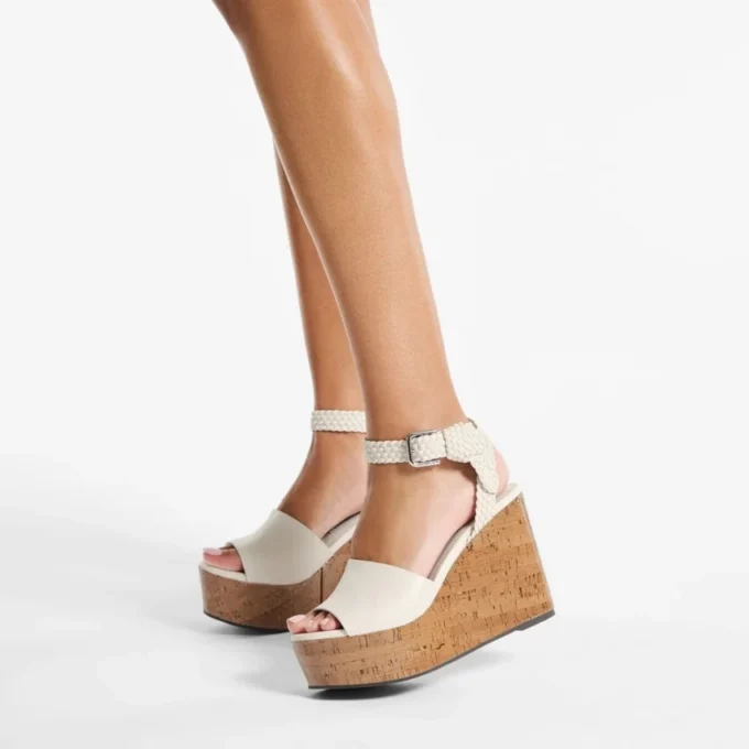Jori 100 Latte Shiny Calf Leather and Shiny Cork Wedges