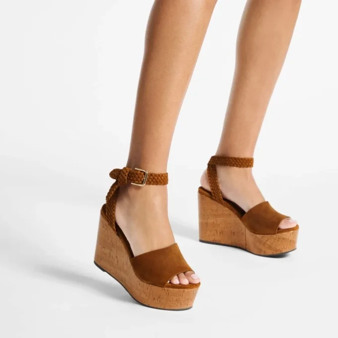 Jori 100 Tan Suede and Shiny Cork Wedges