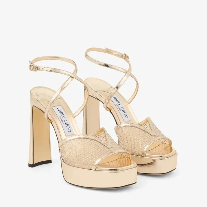 Karli Platform 125 Gold Illusion Crystal Mesh and Liquid Metal Leather Sandals