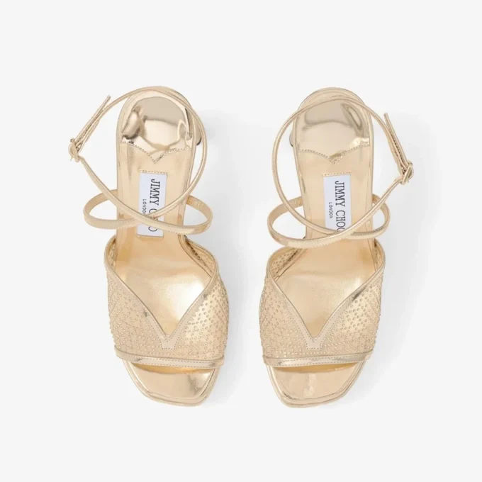 Karli Platform 125 Gold Illusion Crystal Mesh and Liquid Metal Leather Sandals