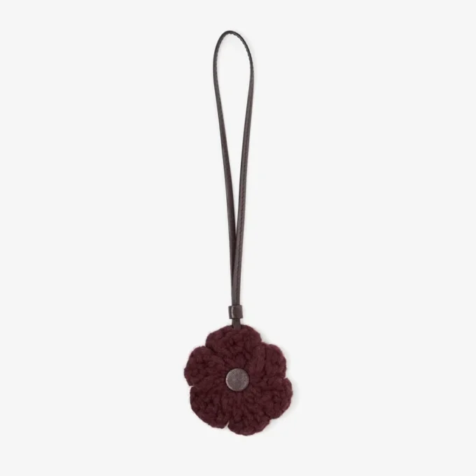 Knitted Flower Charm Deep Merlot Knitted Wool Flower Charm with Leather Trims