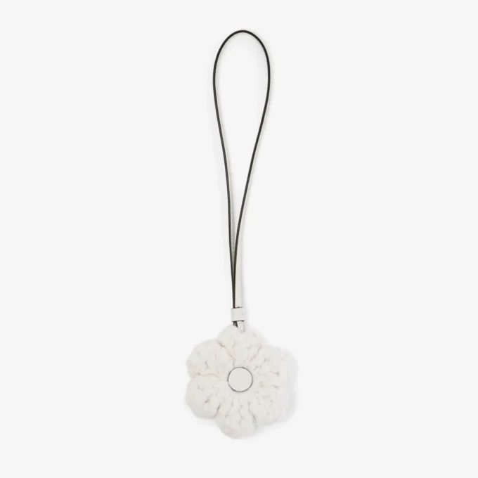 Knitted Flower Charm Latte Knitted Wool Flower Charm with Leather Trims