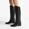 Lawton Knee Boot Flat Black Calf Leather and Soft Vachetta Knee High Boots