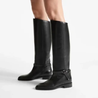 Lawton Knee Boot Flat Black Calf Leather and Soft Vachetta Knee High Boots