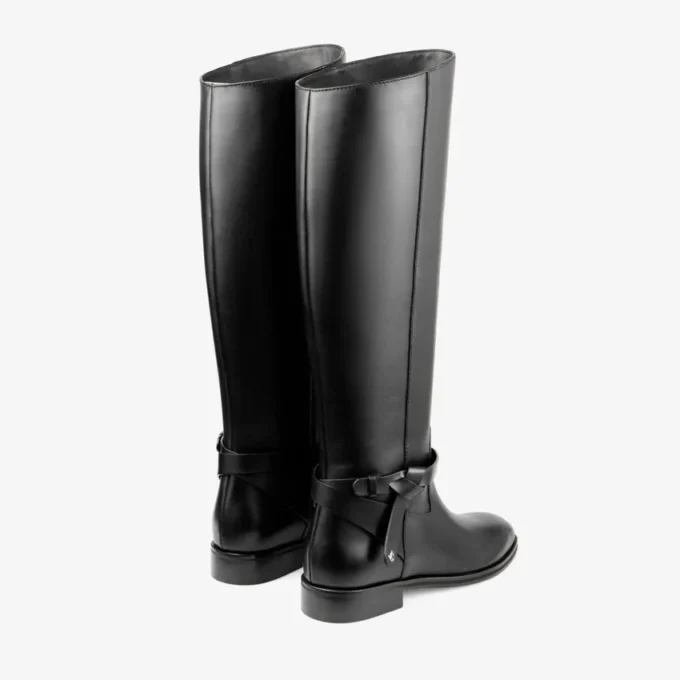 Lawton Knee Boot Flat Black Calf Leather and Soft Vachetta Knee High Boots