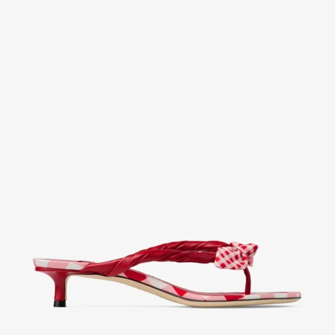 Liss 35 Ruby Red Mix Mixed Gingham Cotton Mule Sandals with Gingham Bow