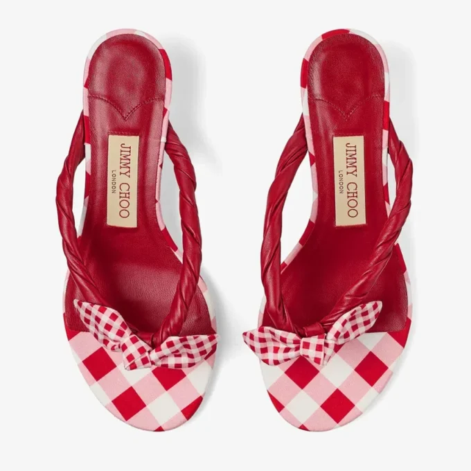 Liss 35 Ruby Red Mix Mixed Gingham Cotton Mule Sandals with Gingham Bow