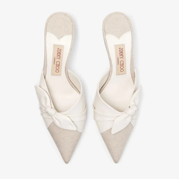 Livi 65 Almond and Latte Mix Flecked Canvas and Soft Glove Leather Mules with Nappa Leather Bow