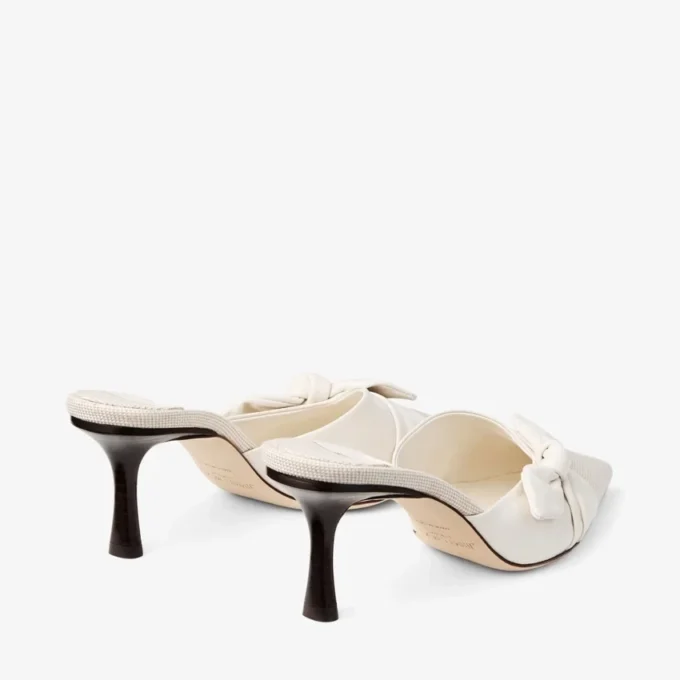 Livi 65 Almond and Latte Mix Flecked Canvas and Soft Glove Leather Mules with Nappa Leather Bow