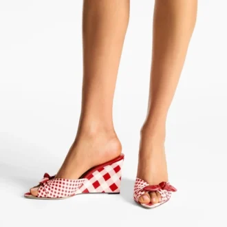 Livi Wedge 85 Ruby Red Mix Mixed Gingham Cotton Mule Wedges with Gingham Bow