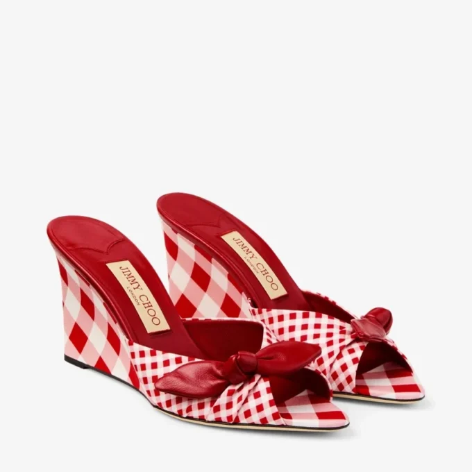 Livi Wedge 85 Ruby Red Mix Mixed Gingham Cotton Mule Wedges with Gingham Bow
