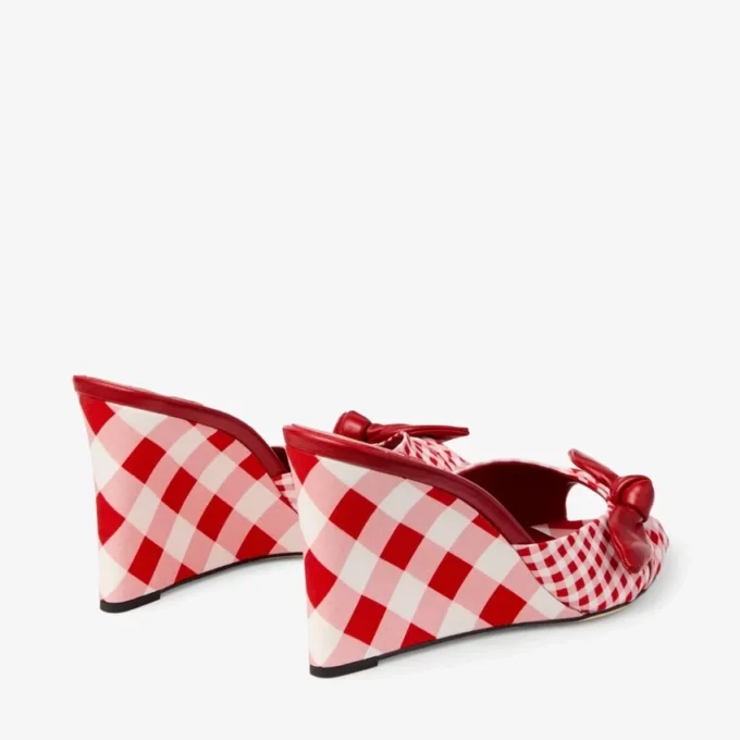 Livi Wedge 85 Ruby Red Mix Mixed Gingham Cotton Mule Wedges with Gingham Bow