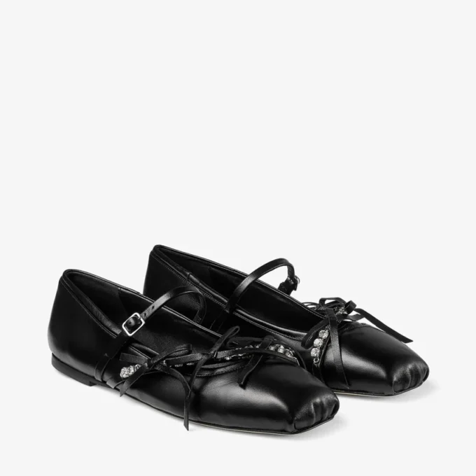 Loli Ballerina Black Shiny Nappa Leather Ballerina Flats with Soft Glove Leather Bows