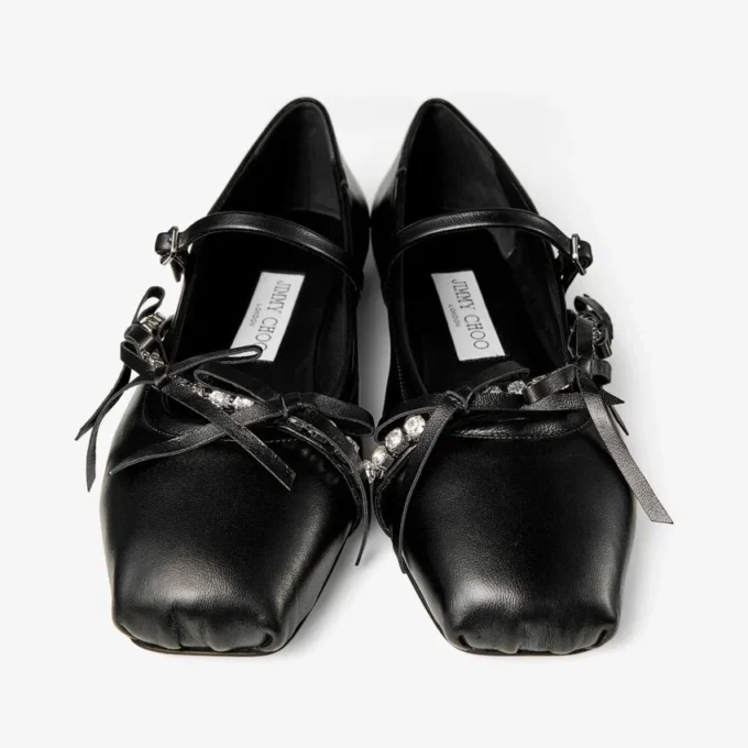 Loli Ballerina Black Shiny Nappa Leather Ballerina Flats with Soft Glove Leather Bows