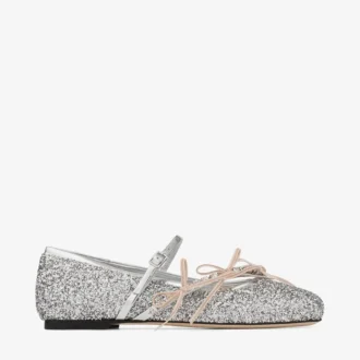 Loli Ballerina Silver and Macaron Powder Glitter Fabric Ballerina Flats with Satin Bows