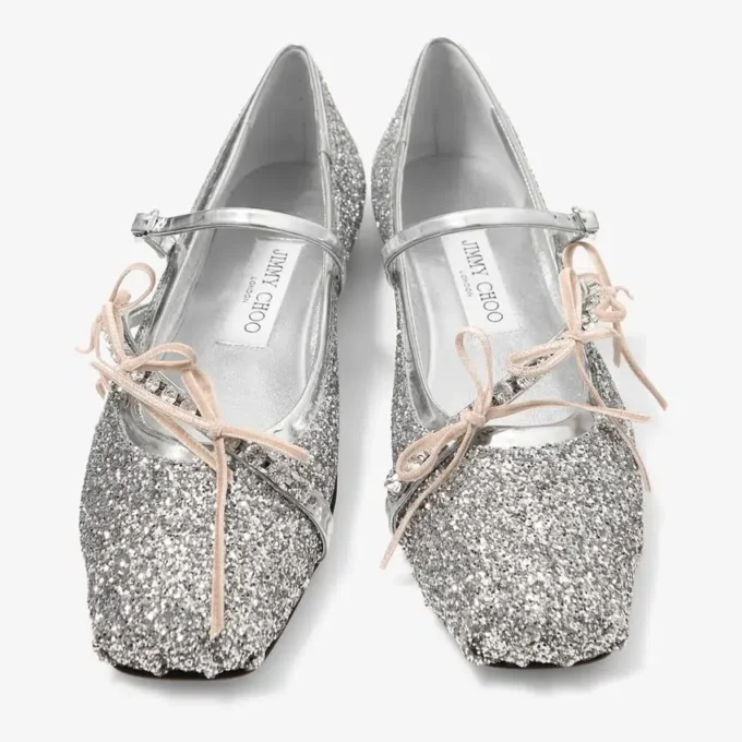 Loli Ballerina Silver and Macaron Powder Glitter Fabric Ballerina Flats with Satin Bows