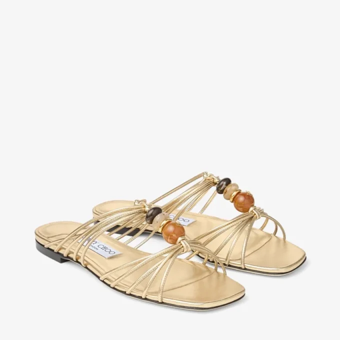 Lova Mule Flat Gold Mix Metallic Nappa Leather Flats with Beads