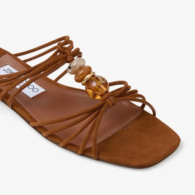 Lova Mule Flat Tan Mix Suede Flats with Beads