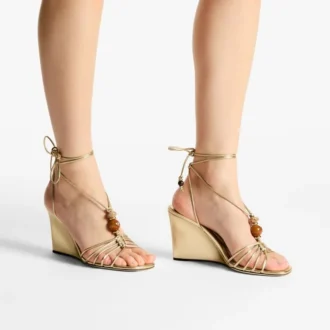 Lova Wedge 85 Gold Metallic Nappa Leather Wedges with Beads